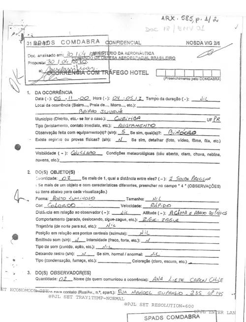 First page of BrazilianUFOFiles - BR AN BSB ARX 585
