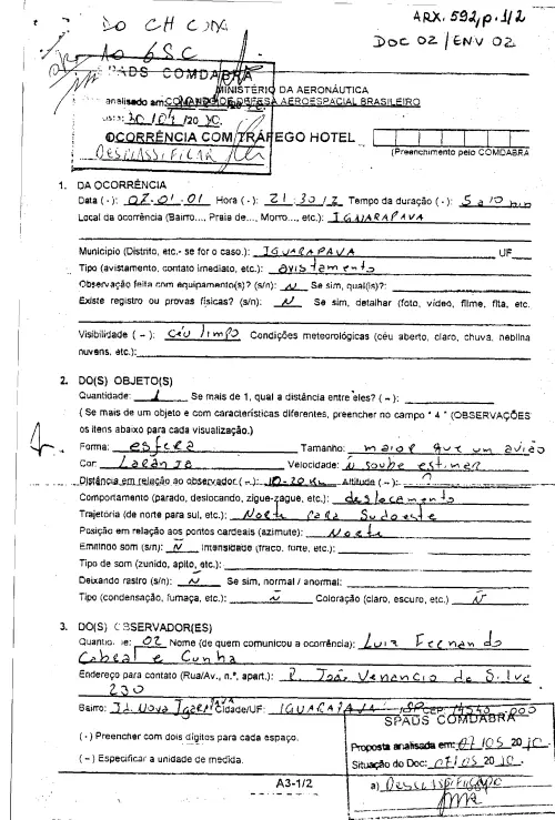 First page of BrazilianUFOFiles - BR AN BSB ARX 592