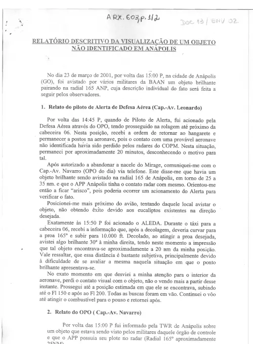 First page of BrazilianUFOFiles - BR AN BSB ARX 603