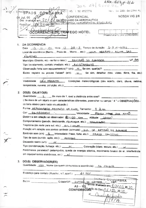 First page of BrazilianUFOFiles - BR AN BSB ARX 617