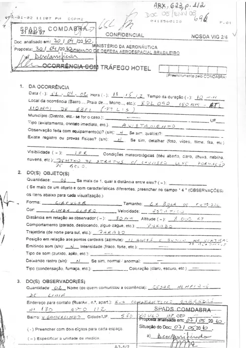 First page of BrazilianUFOFiles - BR AN BSB ARX 623