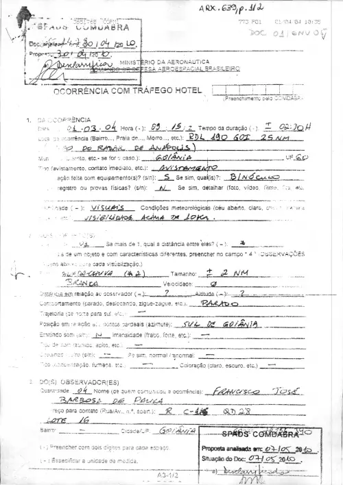 First page of BrazilianUFOFiles - BR AN BSB ARX 639