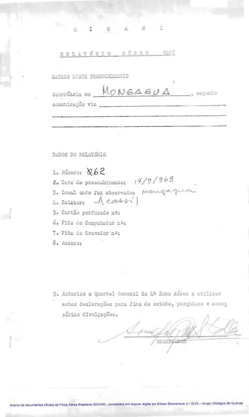 First page of BrazilianUFOFiles - CASO SIOANI 62 Caso SIOANI 062