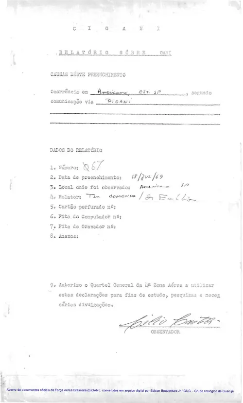 First page of BrazilianUFOFiles - CASO SIOANI 67 Caso SIOANI 067