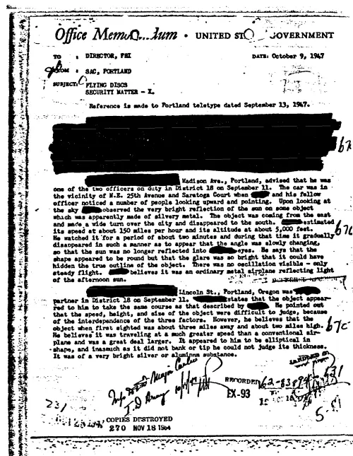 First page of FBI UFO Files - Part 7