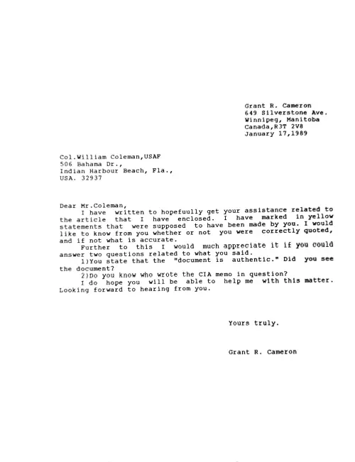 First page of Coleman CIA document