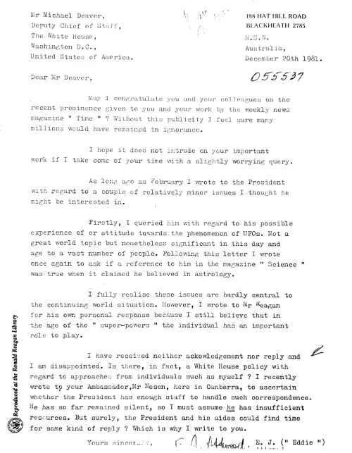 First page of Ronald Reagan UFO Mail 1
