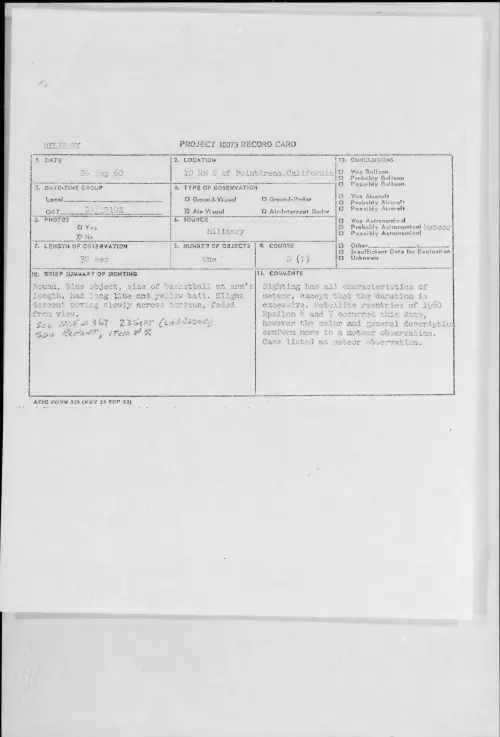 First page of 1960.09 - 8231010 - 10 NM E of PointArena, California