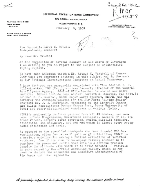 First page of Truman Truman major Donald Keyhoe