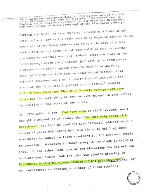 First page of Eisenhower Oral Histories Ralph Williams