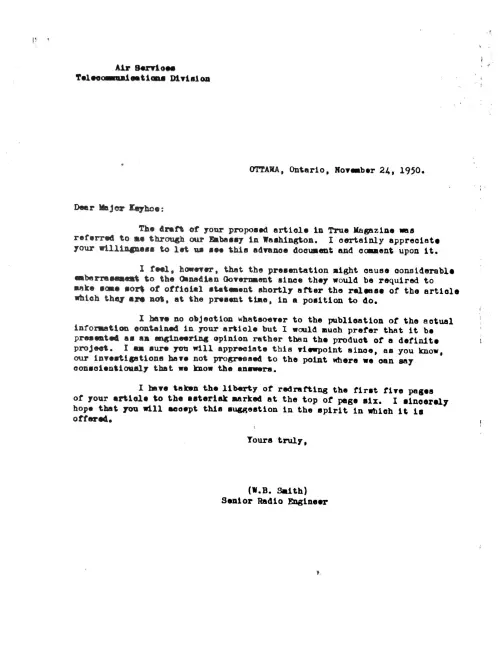 First page of Canada Keyhoe 1950 Document