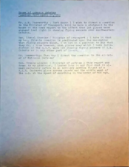 First page of Canada House of Commons UFO