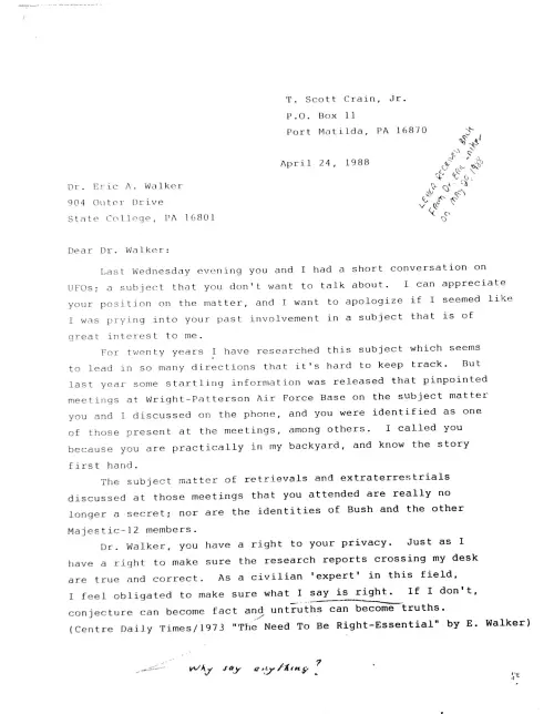 First page of Dr. Eric Walker Scott Crain Eric Walker Letter