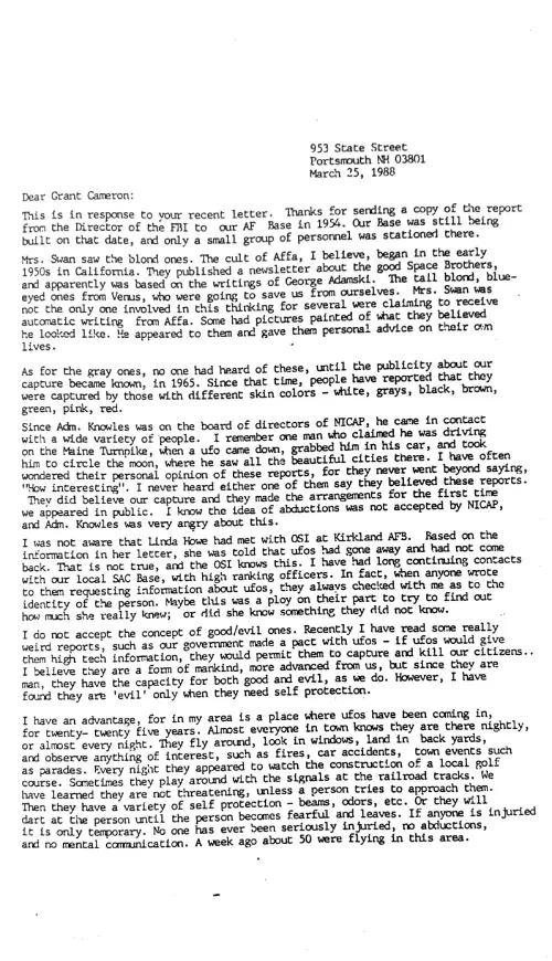 First page of Swan Betty Hill Letter