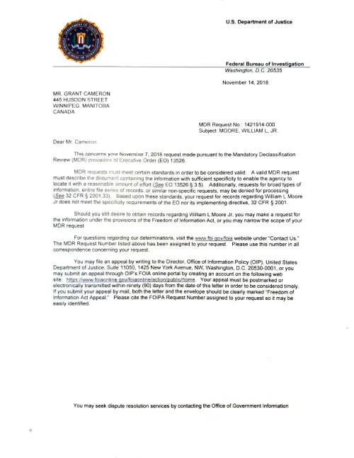 First page of Bill Moore Moore FBI file