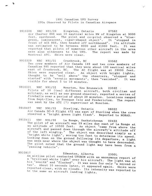 First page of 1991 Canadian UFO survey pilots