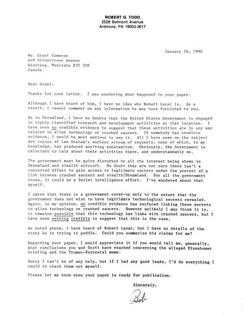First page of Bill Moore Robert Todd MJ12 letter