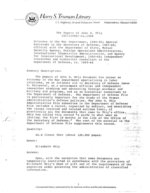 First page of Truman John H. Ohly