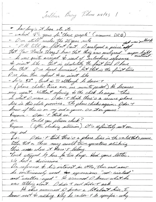 First page of Inside circle member Arthur bray phone notes