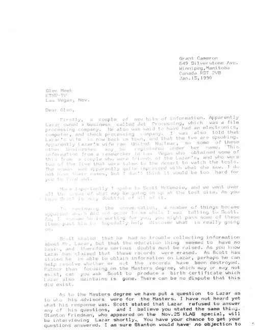 First page of Glenn Meek Lazar Letter
