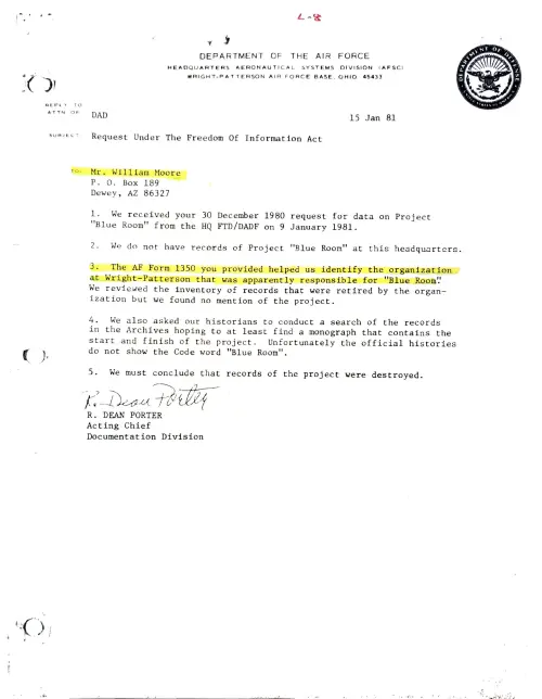 First page of Bill Moore Moore Blue Room at WPAFB FOIA