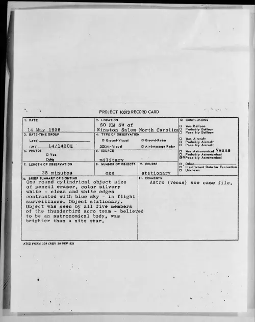 First page of 1956.05 - 6785870 - 80 KM Sw of Winston Salem North Carolina