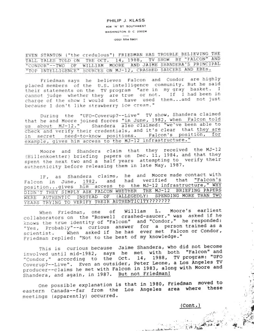 First page of Klass Richard Doty Correspondence 1989