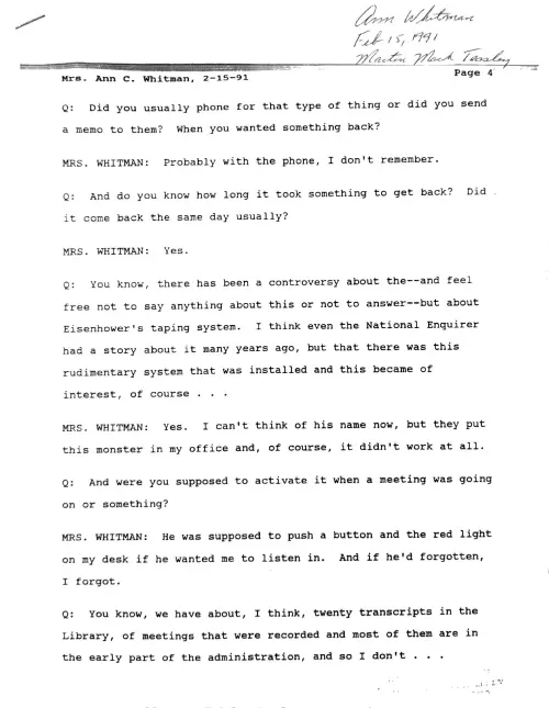 First page of Eisenhower Oral Histoies Ann Whitman