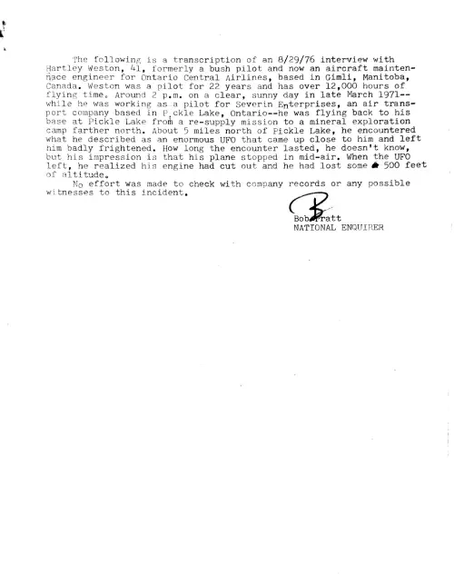 First page of natl Enquirer pilot Hartley Weston interview