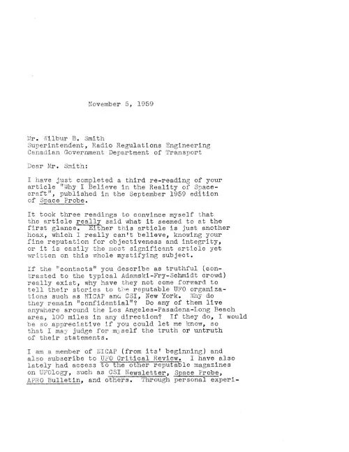 First page of Wilbert Smith Ann Druffel Correspondence