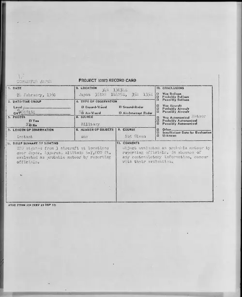 First page of 1960.02 - 6970023 - 34N 1303NE Japan 3512N 1442SE, 35N 135E
