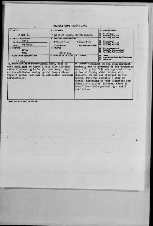 First page of 1961.03 - 8641026 - 7 Mi S of Minot, North Dakota