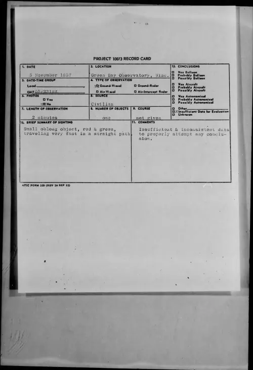First page of 1957.11 - 7230721 - Green Bay Observatory, Wisc