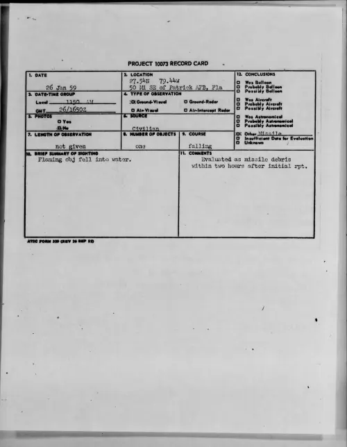 First page of 1959.01 - 9078887 - 27.54N 79.44W 50 Mi SE of Patrick AFB, Fla