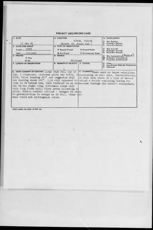 First page of 1961.03 - 8672144 - 4020N, 14210E Misawa AB, Japan and -