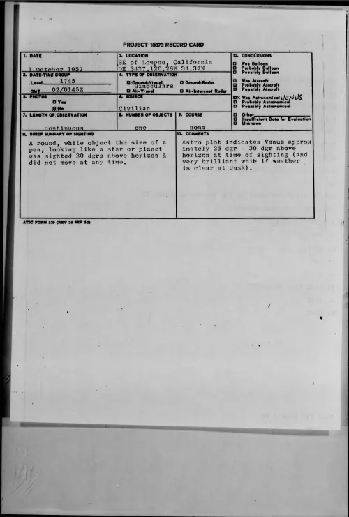 First page of 1957.10 - 6970240 - SE of Lompoc, California OE 3437.120.26W 34.3N