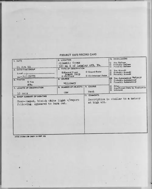 First page of 1959.10 - 6963184 - Atlantic Ocean 380 Mi E Of Langley AFB, Va