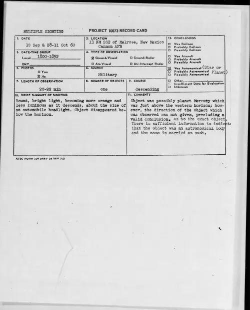 First page of 1960.09 - 8232617 - 13 NM SSE Of Melrose, New Mexico Cannon AFB