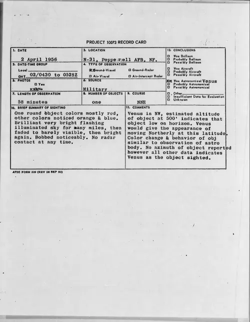 First page of 1956.04 - 6785490 - N-31, Pepperrell AFB, NF
