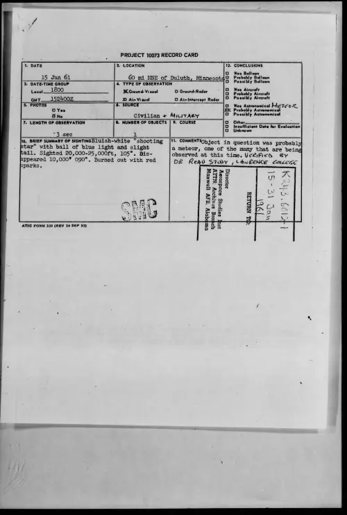 First page of 1961.01 - 8627178 - 60 mi NNE of Duluth, Minnesota