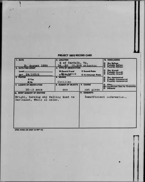 First page of 1958.08 - 8865476 - E Of Norfolk, Va. 36.42N 70.25W Atlantic