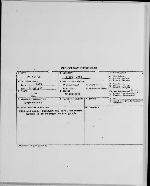 First page of WPAFB, Ohio, April 1952
