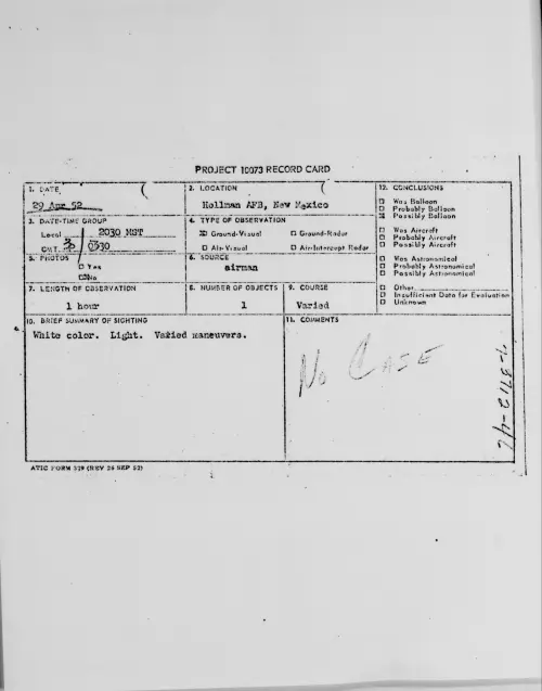 First page of Hollman AFB, New Mexico, April 1952