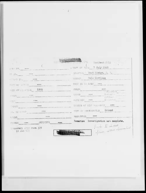 First page of West Rindge, N. H., July 1948 - Incident Number: 214