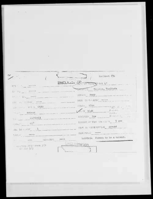 First page of Dauphin, Manitoba, October 1947 - Incident Number: 34