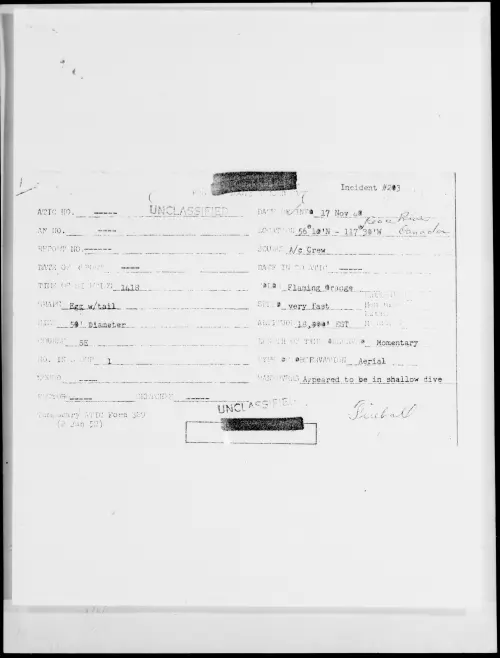 First page of 56 degrees 10' N-117 degrees 30' W Canada, November 1948 - Incident Number: 203