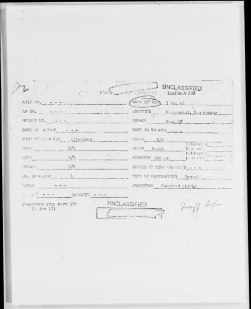 First page of Hackensack, New Jersey, August 1947 - Incident Number: 88