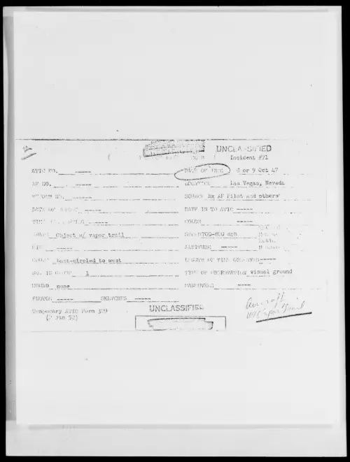 First page of Las Vegas, Nevada, October 1947 - Incident Number: 71