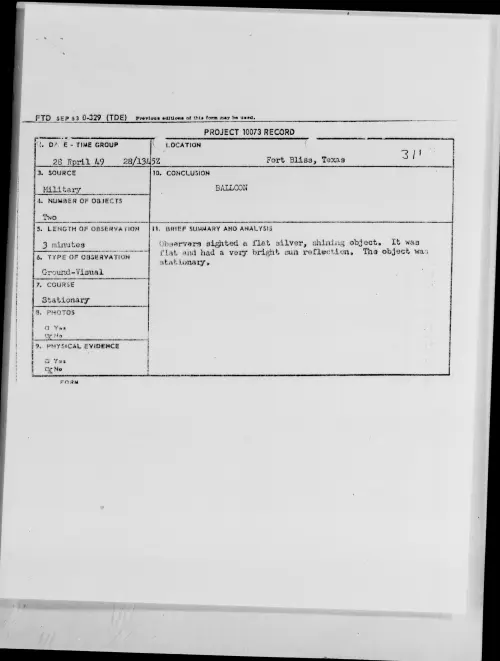 First page of Fort Bliss, Texas, April 1949 - Incident Number: 311