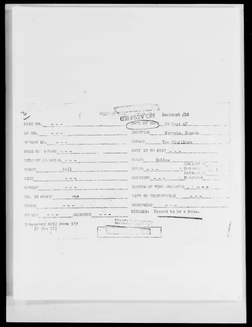 First page of Toronto, Canada, September 1947 - Incident Number: 18